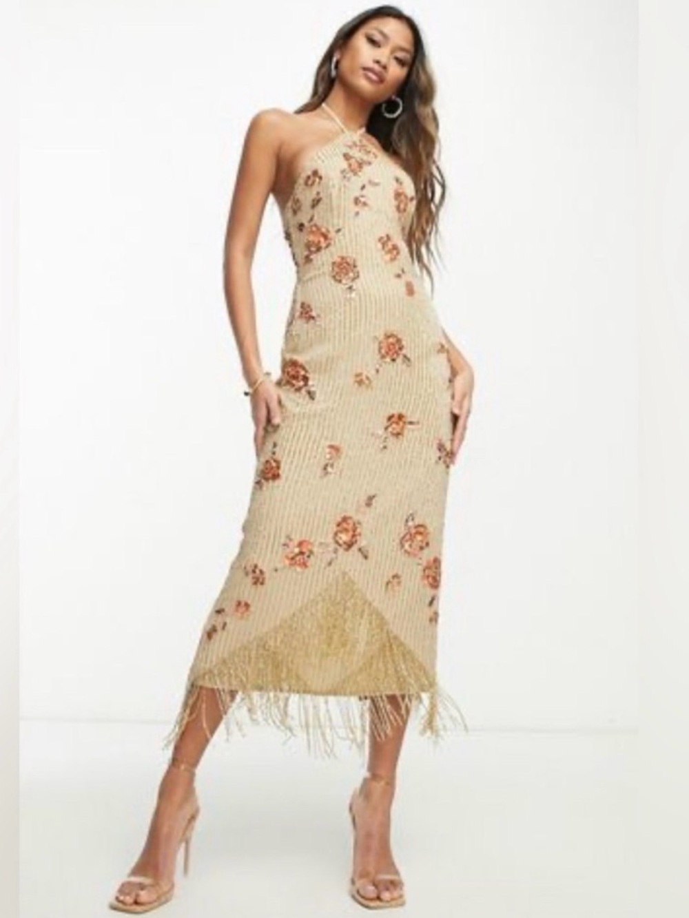 ASOS DESIGN midi dress with halter neck and beaded floral embellishment Size 10